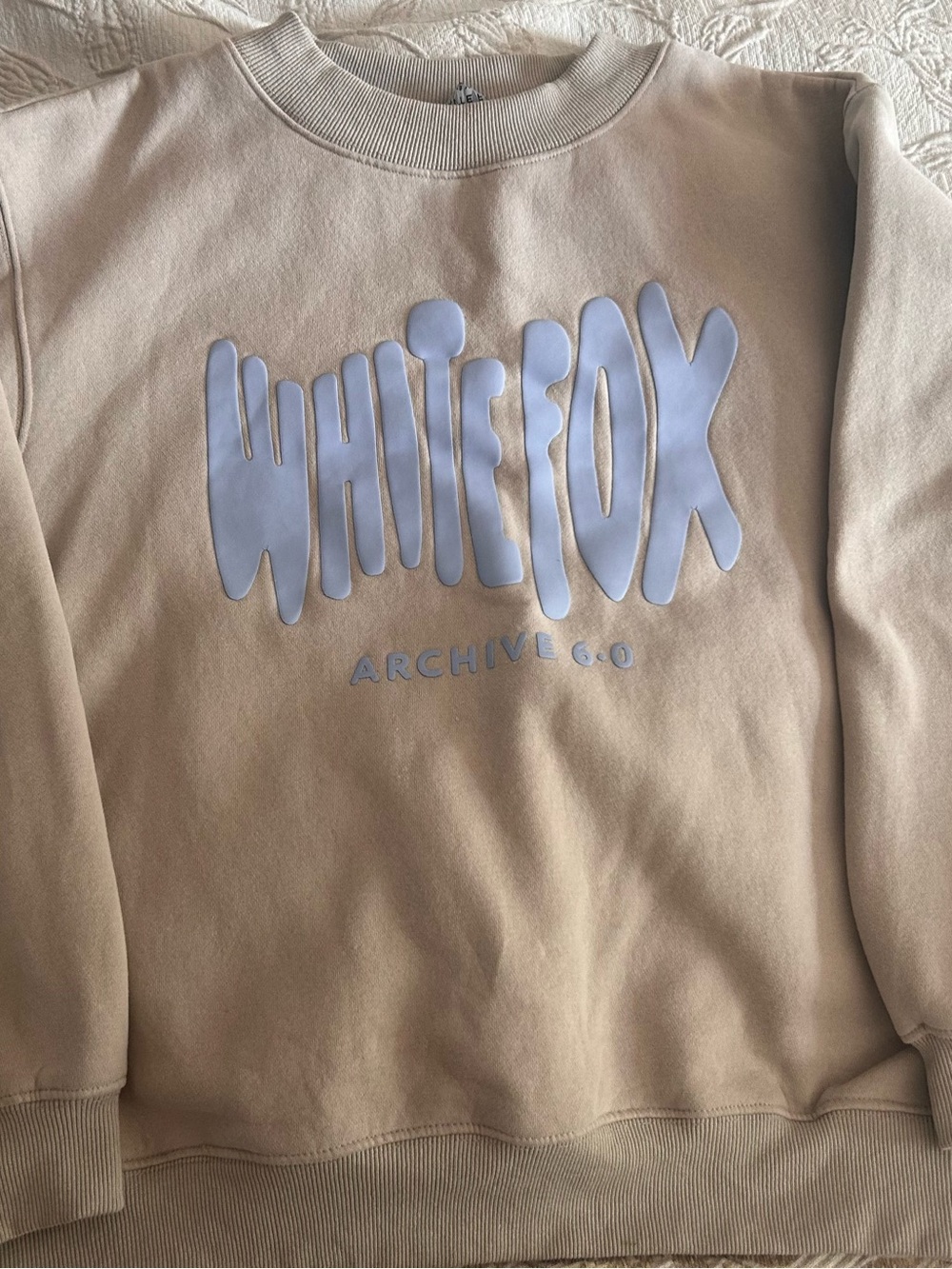 White Fox Boutique Tan Crewneck Sweatshirt with Light Blue Logo
